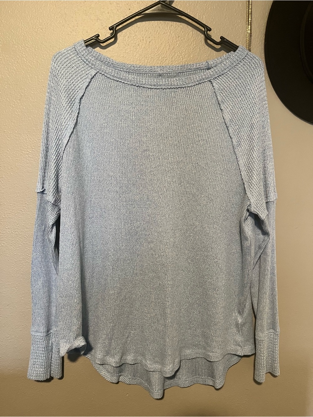 Light Blue Waffle-Knit Long Sleeve Top